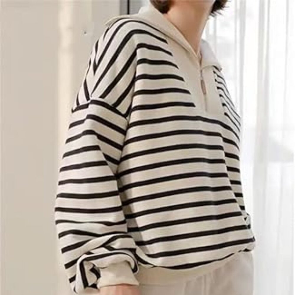 L'Academie Stripe Pattern Turtleneck Pullover Zipper Knitted Sweater Size Medium